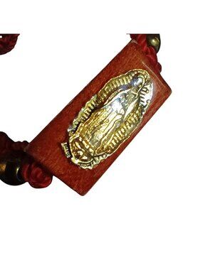 Virgin Mary Vintage Catholic Bracelet Red Cord Gold Tone Wooden Charm